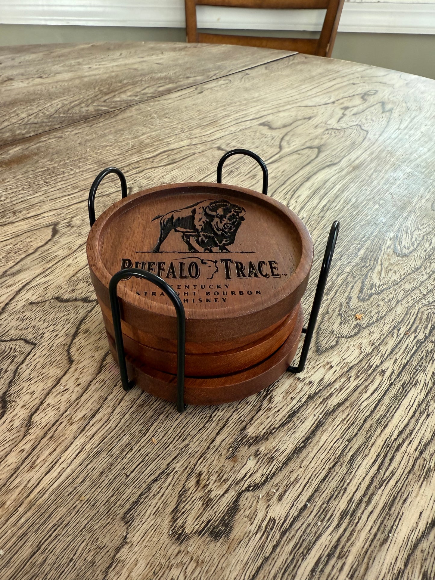 bourbon wooden coasters - pick any 4 or request your own. includes wire coaster rack.
