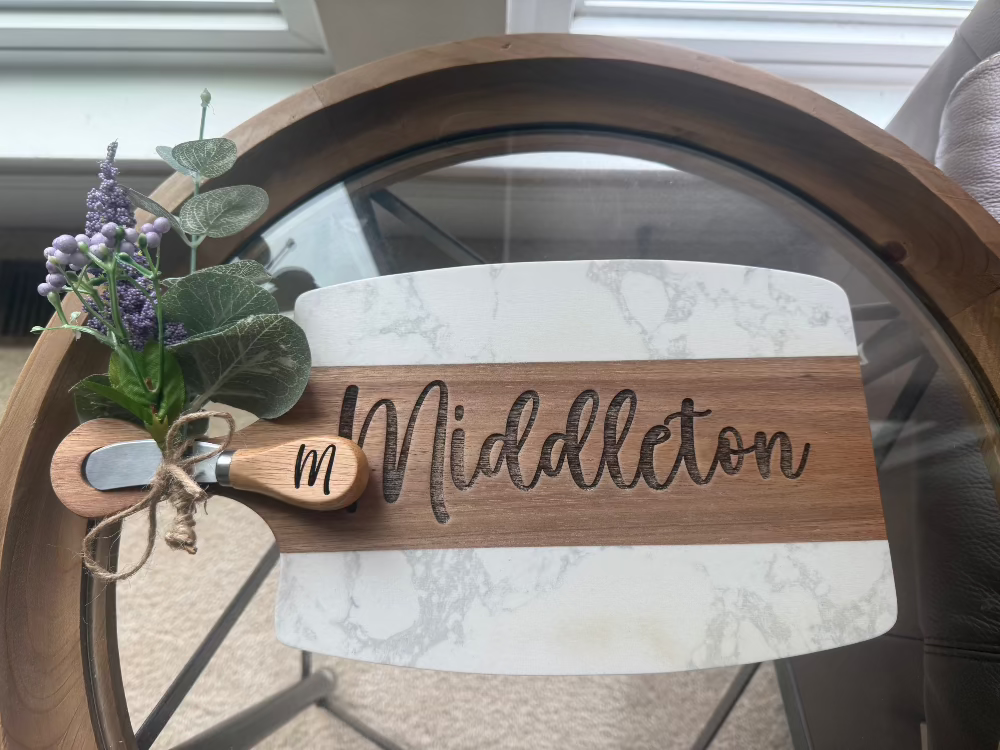 personalized marble and wood cheese board