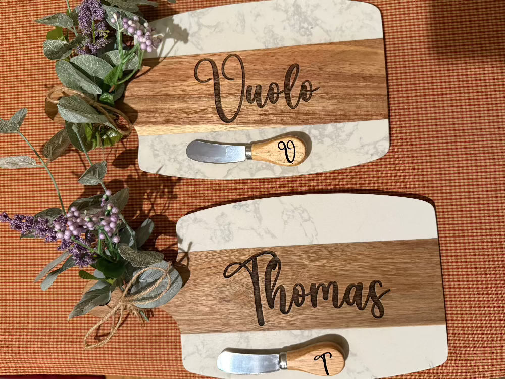 personalized marble and wood cheese board