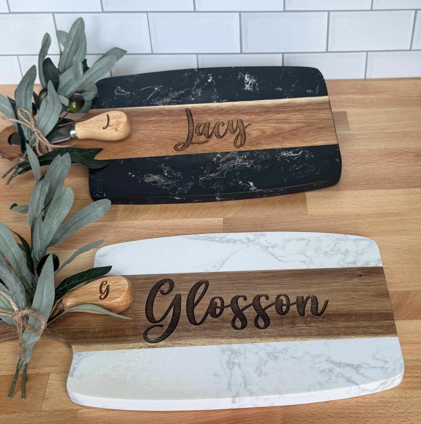 personalized marble and wood cheese board
