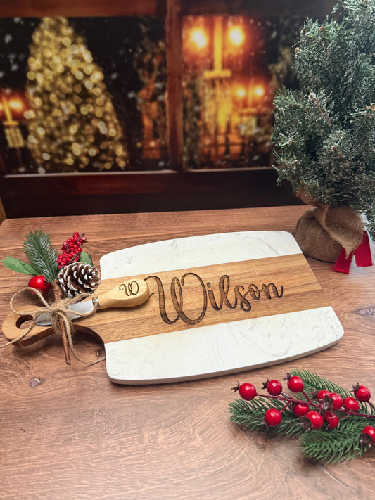 personalized marble and wood cheese board