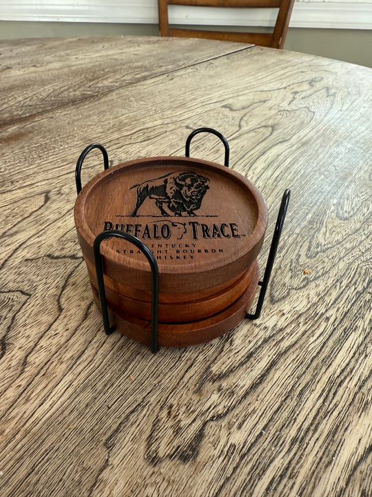 bourbon wooden coasters  - pick any 4 or request your own.  includes wire coaster rack.