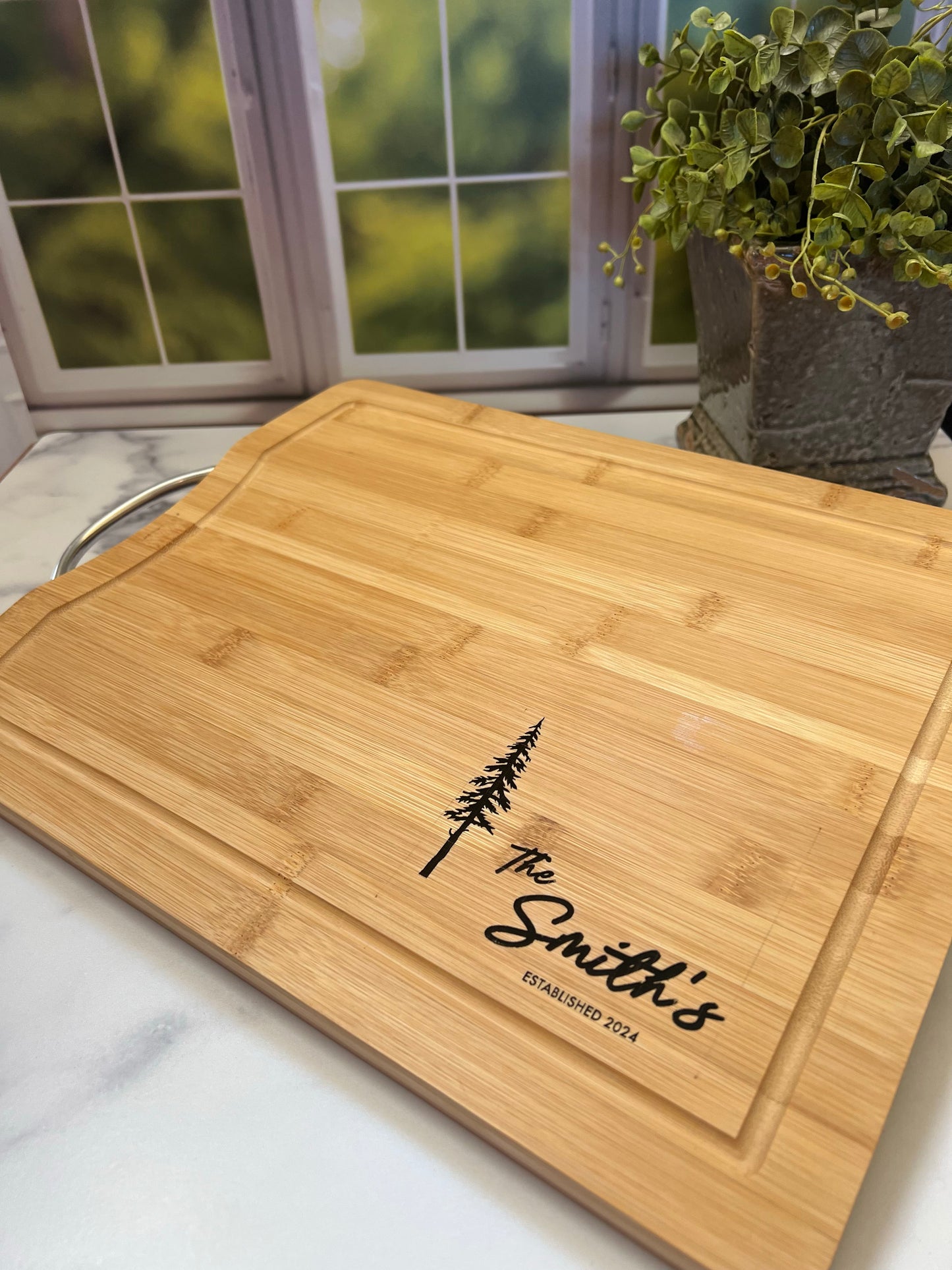 Personalized Laser Engraved Bamboo Cutting boards with Metal Handle - 11.8"x 15.3" x .75"