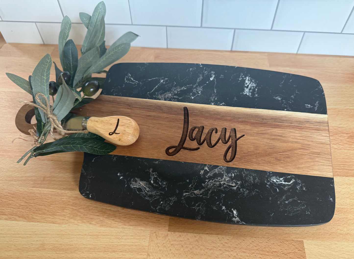 personalized marble and wood cheese board