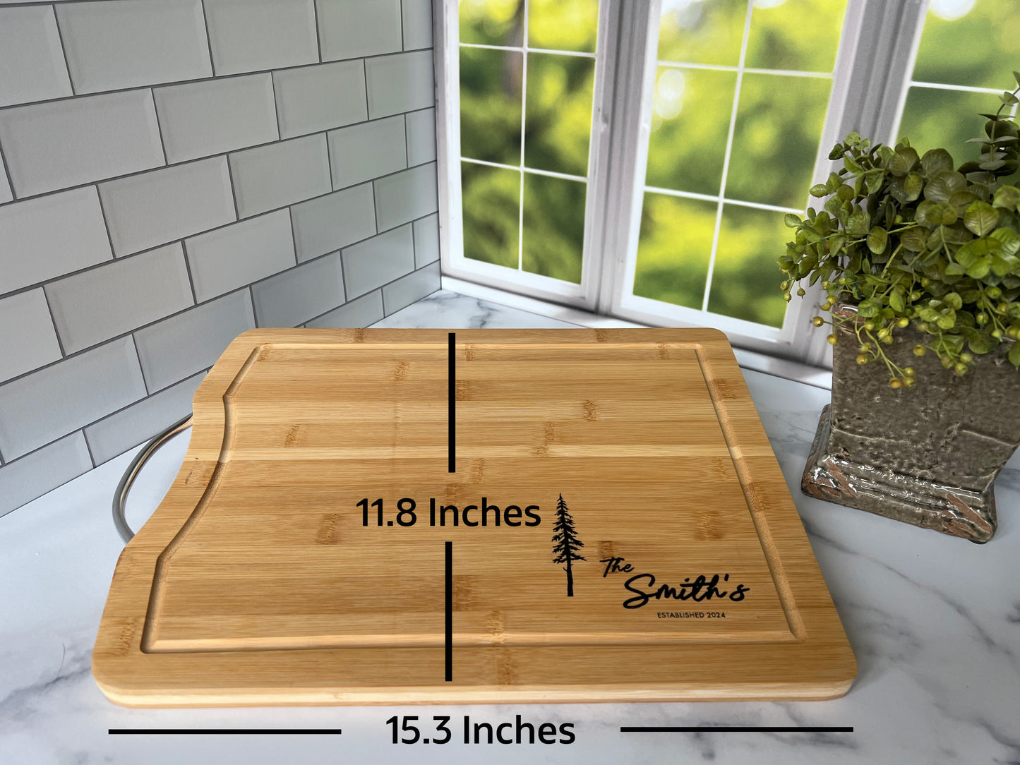 Personalized Laser Engraved Bamboo Cutting boards with Metal Handle - 11.8"x 15.3" x .75"