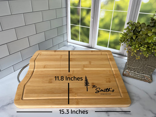 Personalized Laser Engraved Bamboo Cutting boards with Metal Handle - 11.8"x 15.3" x .75"