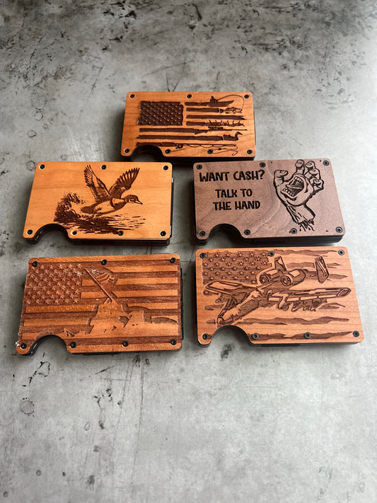 personalized engraved mens wooden minimalist style wallet with money clip (walnut or cherry Wood)