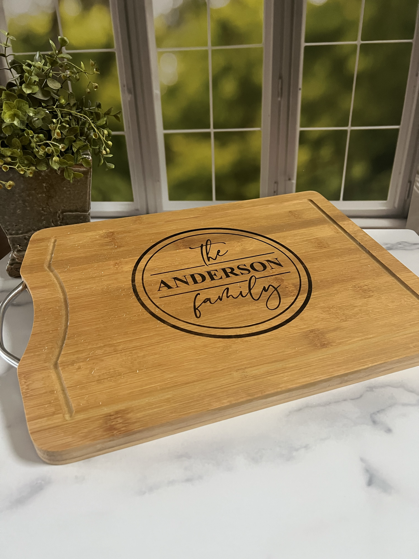 Personalized Laser Engraved Bamboo Cutting boards with Metal Handle - 11.8"x 15.3" x .75"