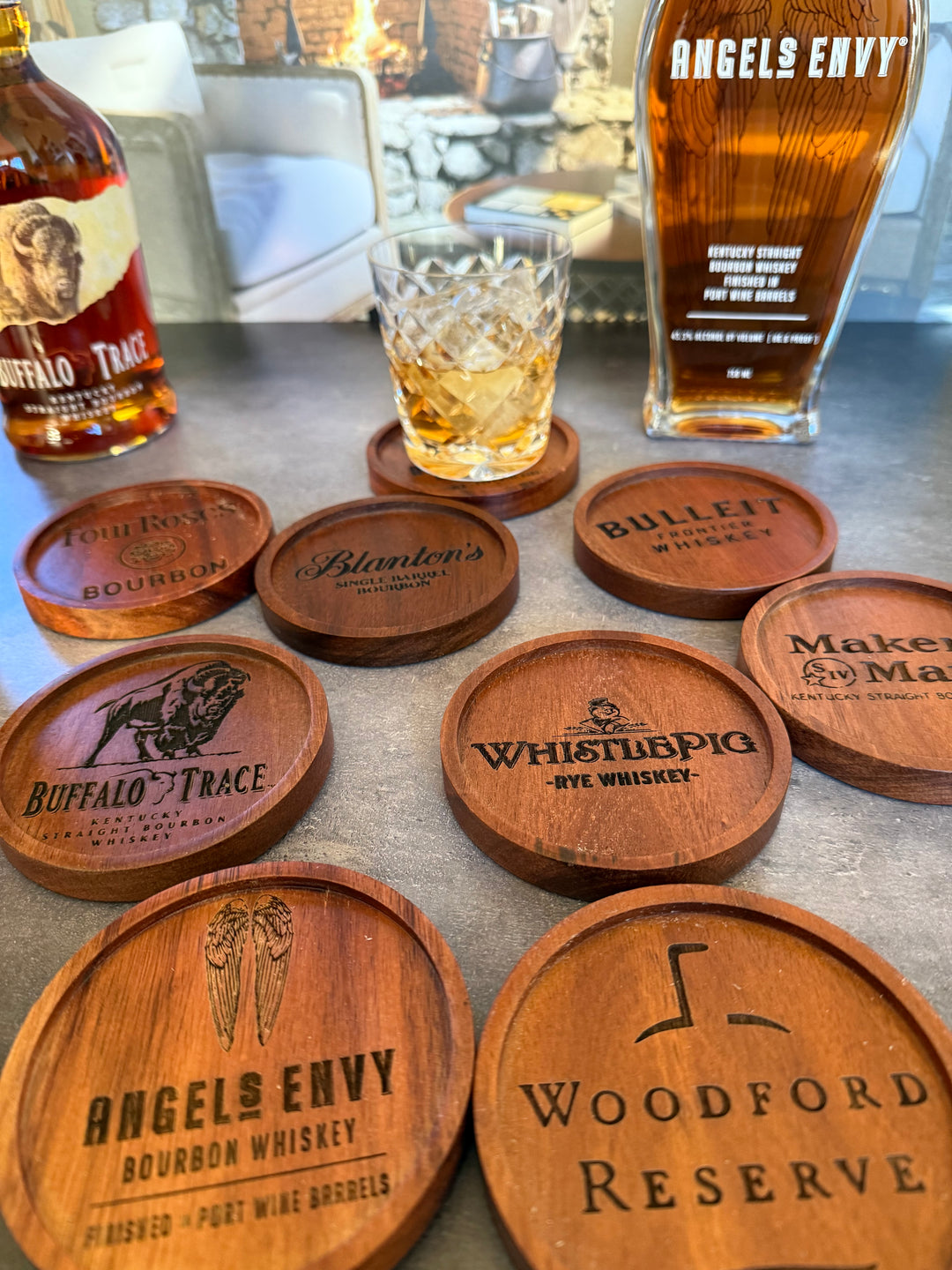 bourbon wooden coasters  - pick any 4 or request your own.  includes wire coaster rack.