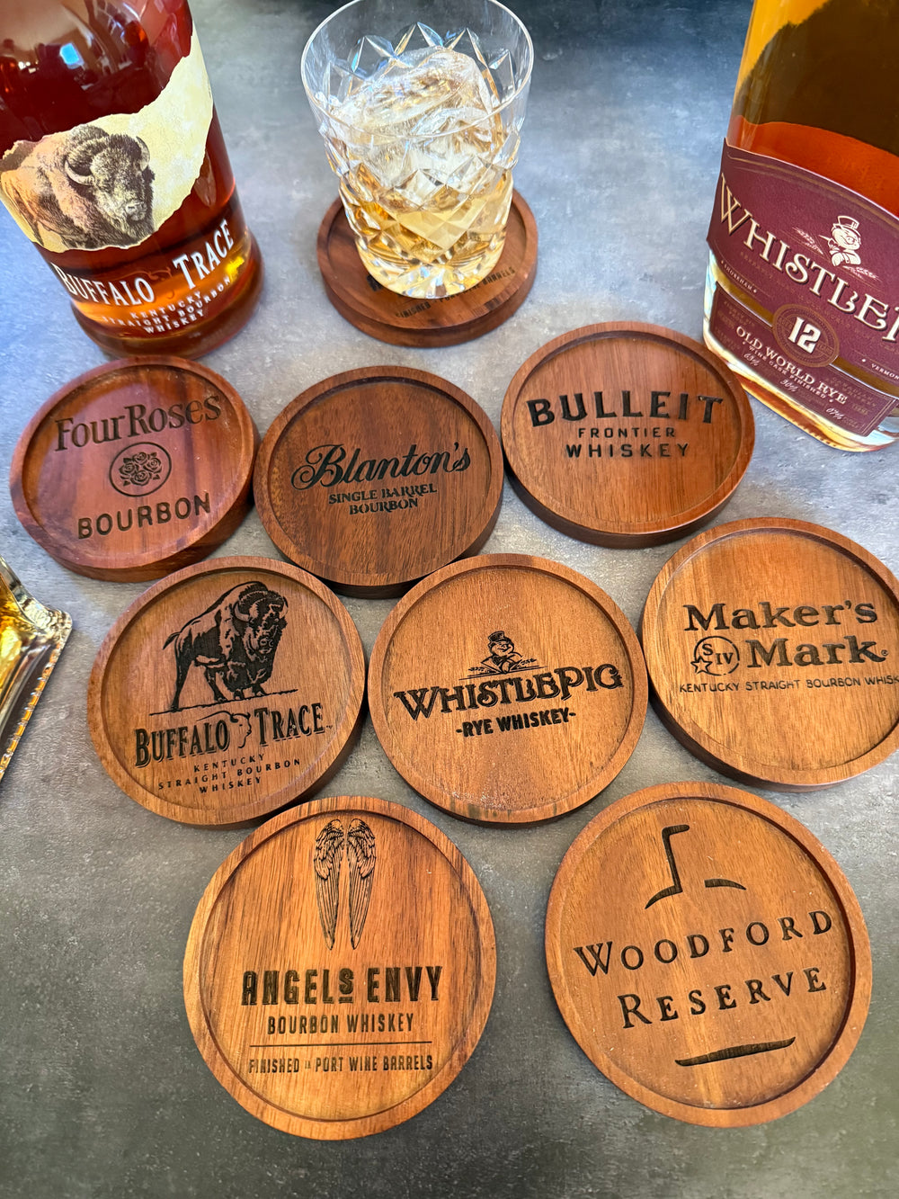 bourbon wooden coasters  - pick any 4 or request your own.  includes wire coaster rack.