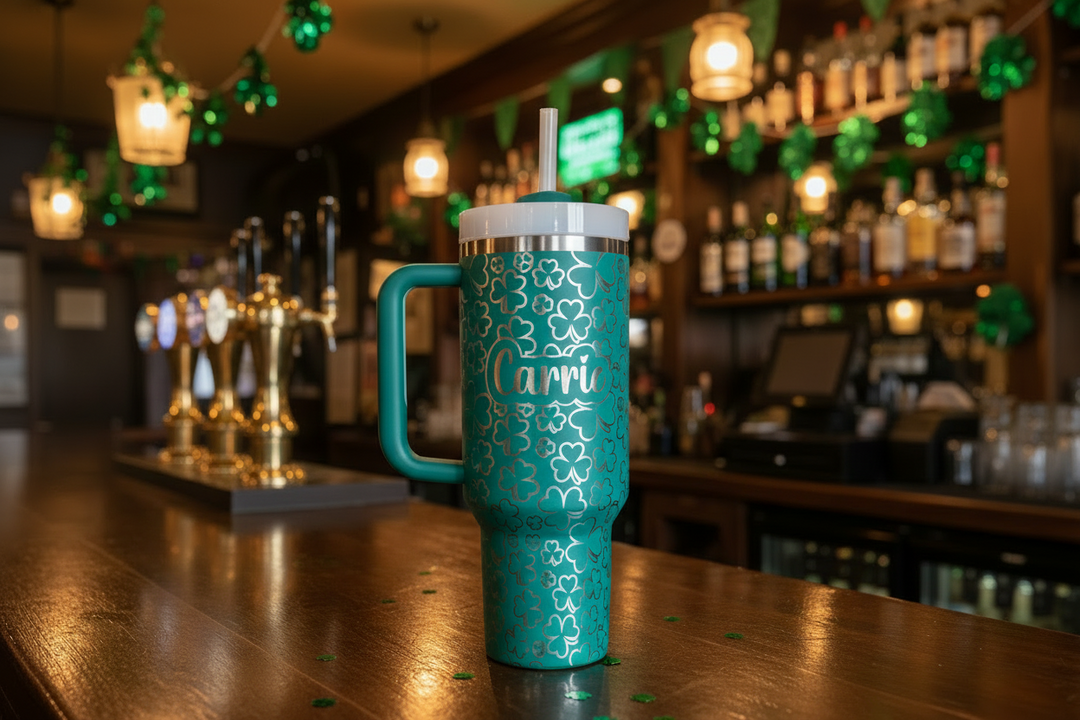 shamrockin' 40 Oz laser engraved tumbler - we can even engrave your name into the design